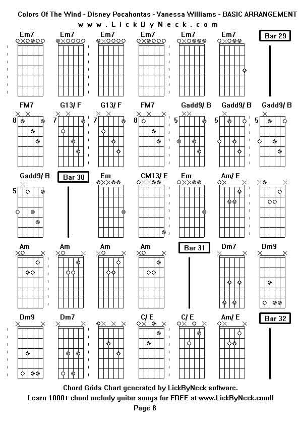 Chord Grids Chart of chord melody fingerstyle guitar song-Colors Of The Wind - Disney Pocahontas - Vanessa Williams - BASIC ARRANGEMENT,generated by LickByNeck software.